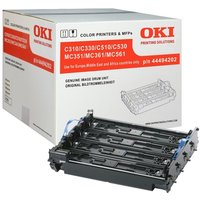 Black OKI 44494202 drum unit with blue accents, compatible with C310/C330/C510/C530, in white branded packaging.
