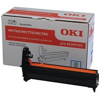 Cyan drum unit by OKI with black and orange casing, model 45395703, packaged in a white and red box.