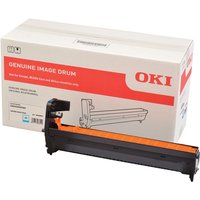 Cyan OKI 46438003 image drum with black and orange casing, next to branded white and red packaging box.