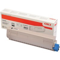 Beige OKI 46443104 toner cartridge with blue handle, next to white box with red and black text.