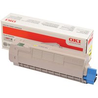 Beige OKI 46507505 yellow toner cartridge with blue cap, next to branded box with red and white design.