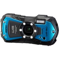 Blue Pentax WG-90 tough compact camera, 16MP, 5x zoom, rugged design with LED lights around lens.