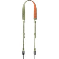 Green and orange PGYTECH camera strap made of nylon, polyester, and thermoplastic with adjustable length and secure clips.