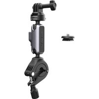 Black PGYTECH camera mount with adjustable arm, clamp base, and quick-release plate for action sports cameras.
