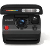 Black Polaroid Flip camera with rainbow stripe, red button, flash, and lens on the front.