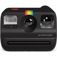 Black Polaroid Go Gen II instant camera with rainbow stripe, flash, and viewfinder.