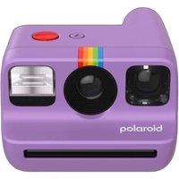 Purple Polaroid Go Generation 2 camera with rainbow stripe, red shutter button, and dual lens system.
