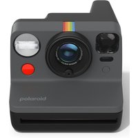 Black Polaroid Now Gen 3 instant camera with rainbow stripe, flash, and red shutter button.