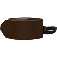 Brown Praktica leather camera neck strap, 100mm wide, rolled up with stitching detail.