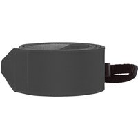 Grey Praktica leather camera neck strap, 100mm wide, 40mm long, with smooth finish and adjustable black buckle.