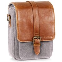 Brown leather and grey canvas Praktica Heritage binocular bag with cotton fabric and buckle closure.