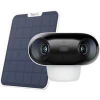 Black Reolink Argus 4 Pro Bulb IP security camera with dual lenses, white base, and solar panel attachment.