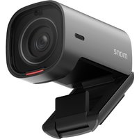 Black Snom V420 webcam with 8 MP lens, USB connection, sleek rectangular design, and adjustable clip stand.