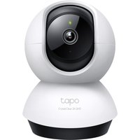 White TP-Link Tapo pan/tilt AI security camera with black lens and LED indicator on a rounded base.
