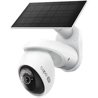 White TP-Link Tapo security camera with solar panel, pan/tilt feature, and black lens housing.