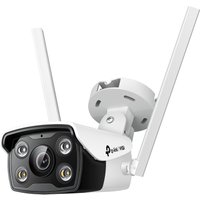 White TP-Link VIGI 4MP outdoor bullet camera with dual antennas and full-color night vision lens.