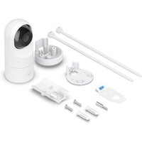 White Ubiquiti G5 Flex Dome IP camera with black lens, mounting accessories, and cables for indoor and outdoor use.