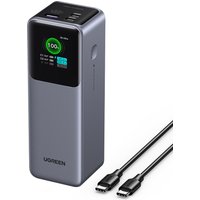 Ugreen 25000mAh 200W powerbank, gray with digital display, USB-C ports, and two black charging cables.