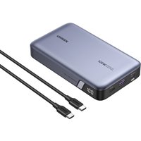 Grey Ugreen 25188 power bank 20000 mAh with digital display, two USB ports, and two black USB-C cables.