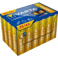 Blue and yellow Varta Longlife AA batteries pack, 24 pieces, with bold branding and icons for devices.