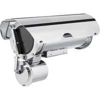 Silver Videotec NXM36K1050 security camera housing with cylindrical body and protective sunshield.