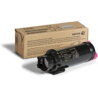 Black Xerox toner cartridge with magenta tip, next to brown packaging box, labeled for Phaser 6510 and WorkCentre 6515.