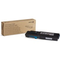 Xerox cyan toner cartridge for Phaser 6600, WorkCentre 6605, black casing with blue handle, next to brown box.