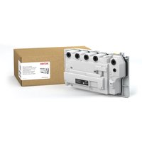White Xerox VersaLink waste toner container with black nozzles, next to a brown box with product label.
