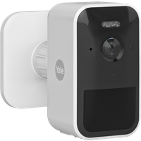 White and black Yale Smart Outdoor Camera with rounded edges and lens in center.