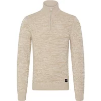 Beige 1/4 zip sweater by Blend, featuring a high collar, ribbed cuffs, and a subtle marled pattern.
