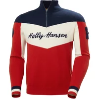 Red, white, and navy Helly Hansen 1/4 zip sweater with logo on chest and color-blocked design.