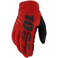 Red and black 100% Brisker long finger cycling gloves with padded knuckles and bold logo on the back.