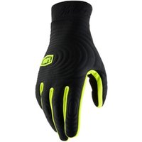 Black and neon yellow 100% Brisker Xtreme long finger cycling gloves with textured grip and logo on the back.