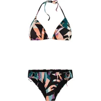 Black 2-piece swimsuit with colorful abstract leaf pattern, halter neck top, and side-tie bottoms.