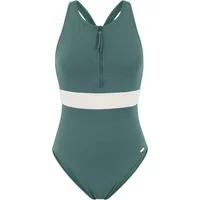 Green 2-piece swimsuit for women by Protest Float, featuring a high-neck top with a front zipper and white waistband detail.