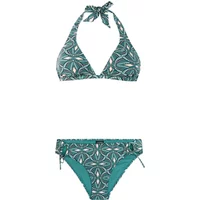 Green patterned 2-piece swimsuit with halter neck and side-tie bottoms, by Protest Fungi.