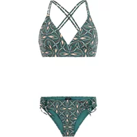Green 2-piece swimsuit with floral pattern, crisscross straps, and mid-rise bottoms by Protest Garden.