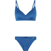 Blue 2-piece swimsuit for women with ribbed texture, featuring a triangle top and matching bikini bottoms.