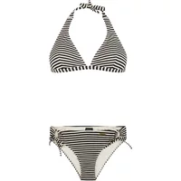 Black and white striped 2-piece swimsuit with halter neck top and side-tie bikini bottoms by Protest Limo.