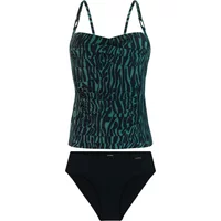 Green and black zebra-patterned tankini top with thin straps and solid black bikini bottoms.