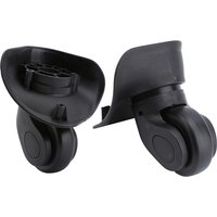 Black swivel suitcase replacement wheels with rounded edges and mounting brackets, set of two.