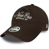 Brown 9Twenty women's baseball cap by New Era with embroidered "New Era Buffalo, NY" text and adjustable strap.
