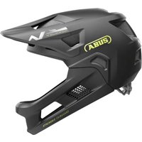Velvet black full-face kids helmet by Abus with visor, chin guard, and ventilation slits.