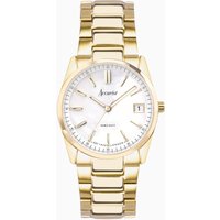 Gold Accurist ladies watch with stainless steel bracelet, white dial, and 30mm case.