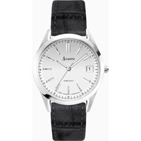 Silver Accurist unisex watch, silver dial, black leather strap, 36mm case, date display at 3 o'clock position.
