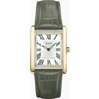 Gold Accurist ladies watch, green leather strap, white dial, Roman numerals, 26mm rectangular case.