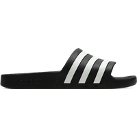 Black Adidas Adilette Aqua slip-on sandals with three white stripes, size 8.5.