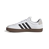 White adidas VL Court 3.0 shoes with black stripes, gum sole, and gray heel tab.