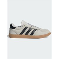 Grey Adidas Breaknet Sleek shoes with black stripes, gum sole, and low-top design.
