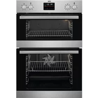 Stainless steel AEG double oven with black glass doors, control knobs, digital display, and catalytic cleaning feature.